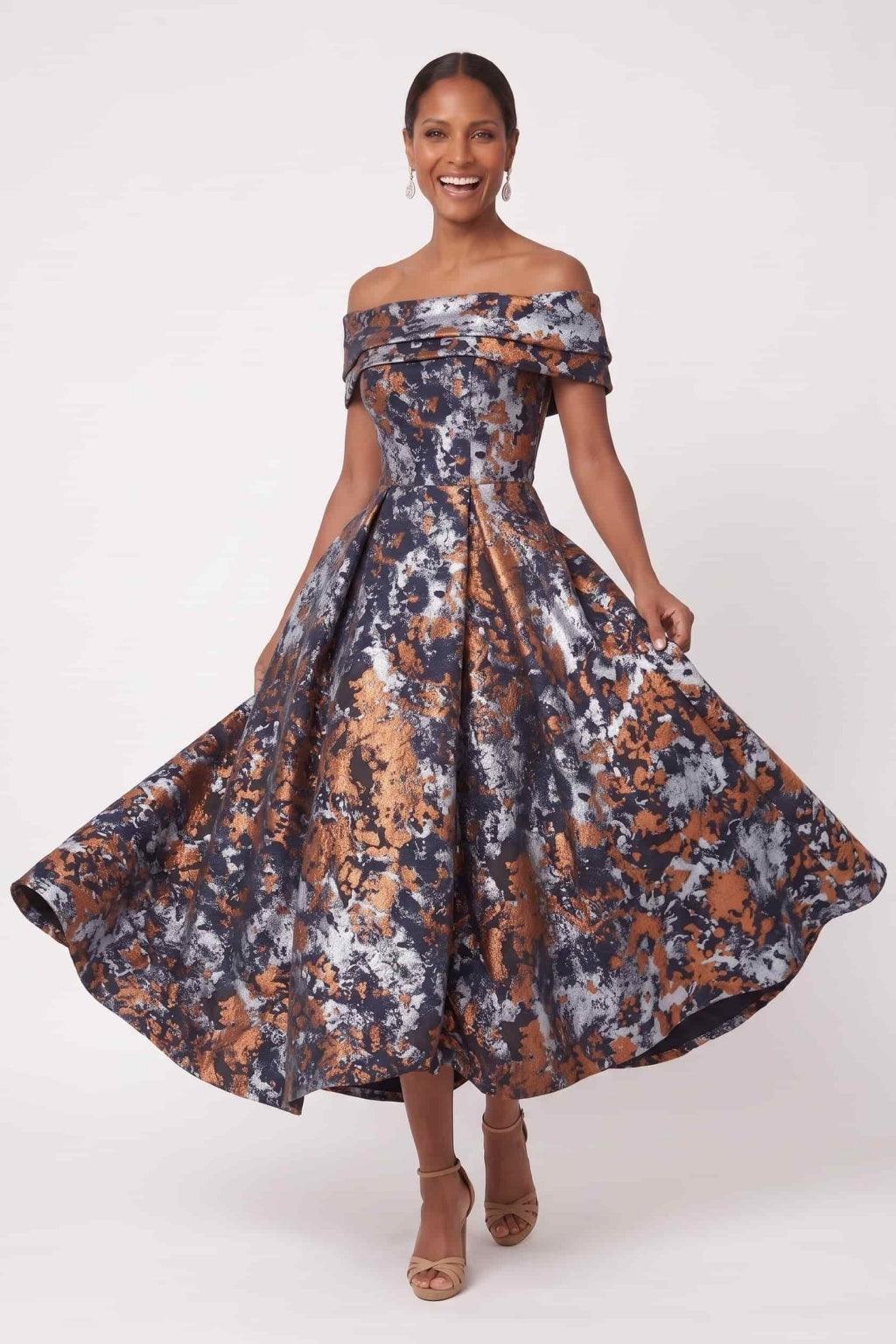 A-Line Tea Length Jacquard Mother of the Bride Dress CM0492 - Orange - COCOMELODY